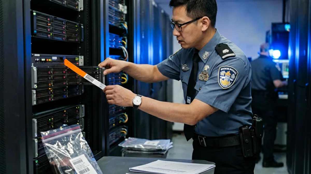 91暗网执法打击行动示意图，警察在机房查封非法服务器设备现场